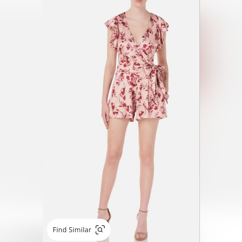 ML Monique Lhuillier Flutter Sleeve Pink And Rose Faux Wrap Floral Romper Sz 6